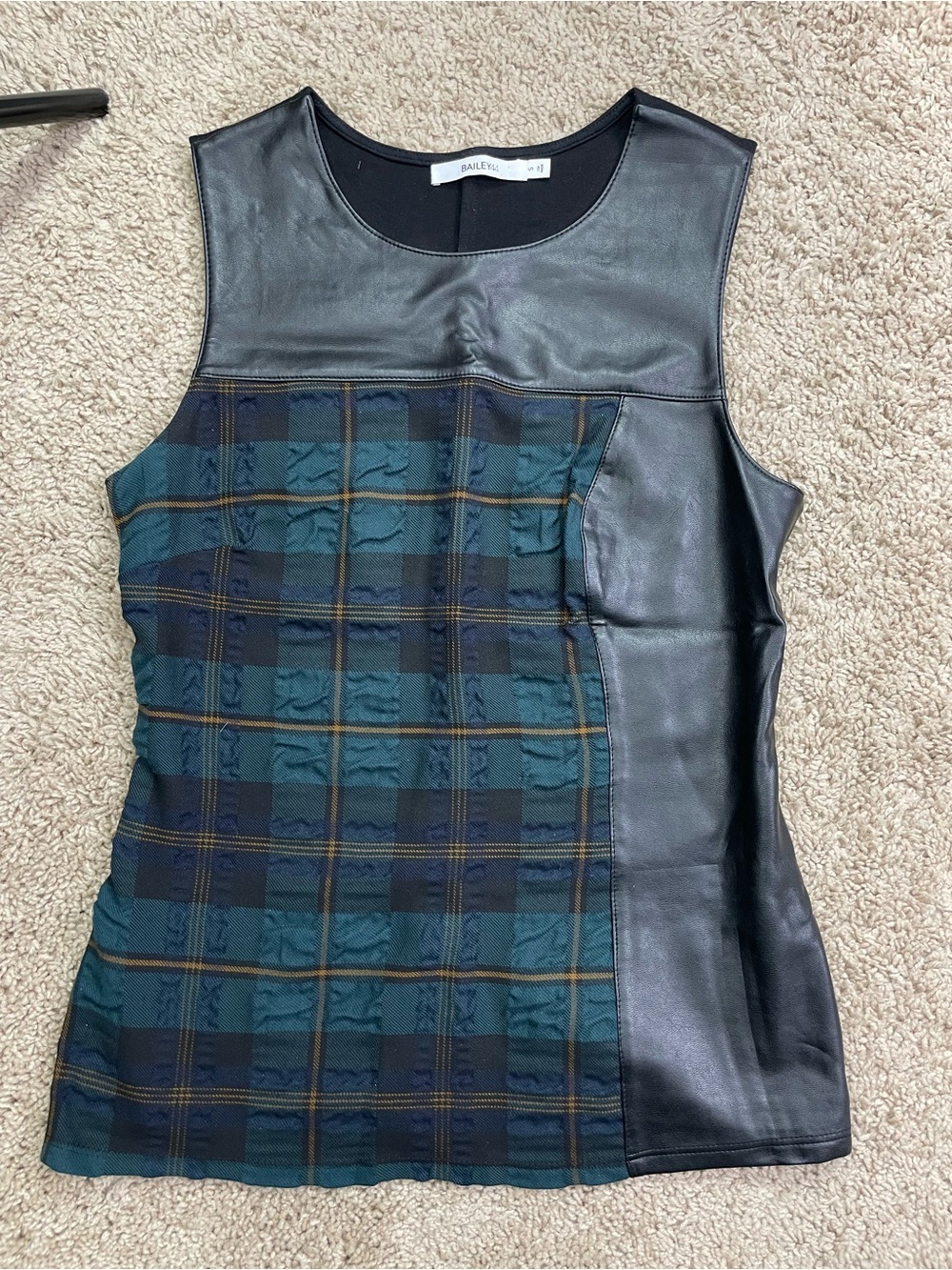Bailey 44 Black‎ and Forest Green Plaid Vegan Leather-Accented Sleeveless Top